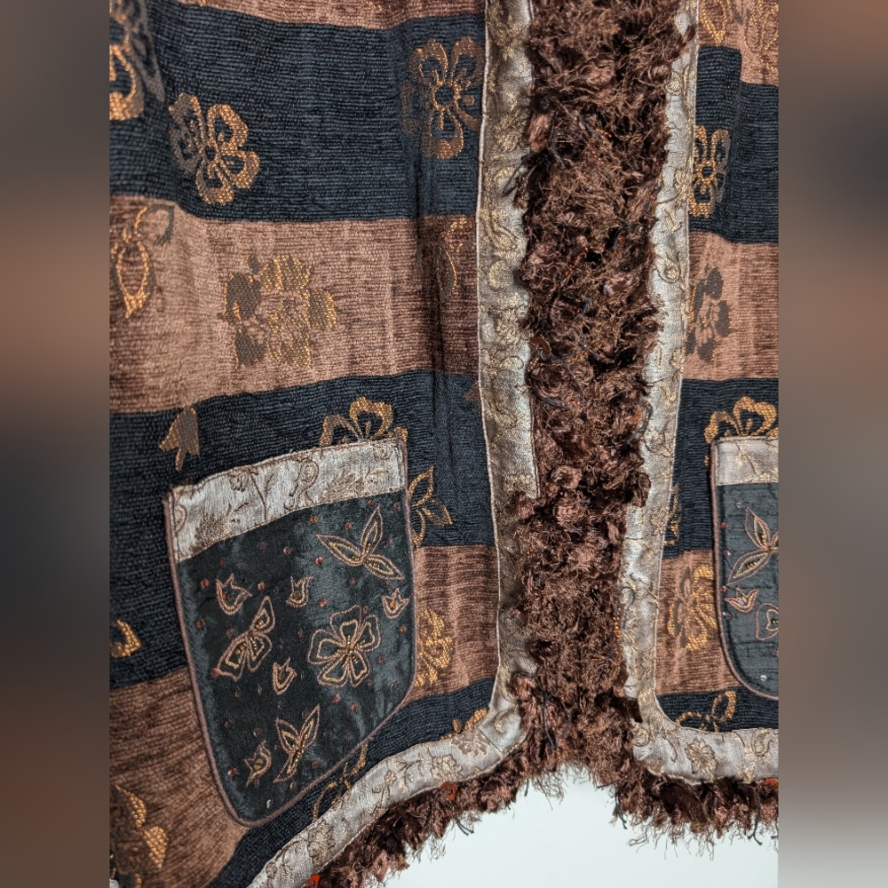 Women's Vintage Boho Brown Fringed Blazer Floral Stripe Espresso Brown Black M - Picture 3 of 10